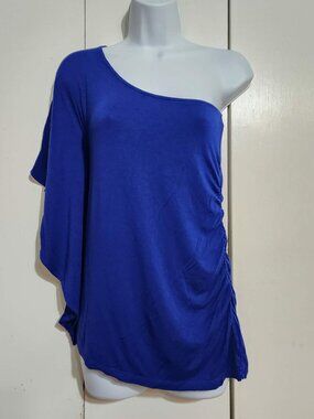 Express Royal Blue One Shoulder Top Small Ruched Side Asymmetrical Cape Sleeve